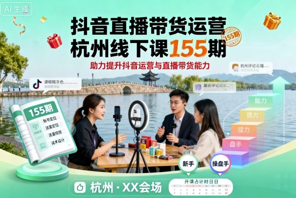 抖音直播带货运营杭州线下课155期，助力提升抖音运营与直播带货能力网创-网赚-电商-tk-出海-AI-抖音-快手-小红书-视频号-玩法-创业-小程序-公众号-私域-s粉网创智库