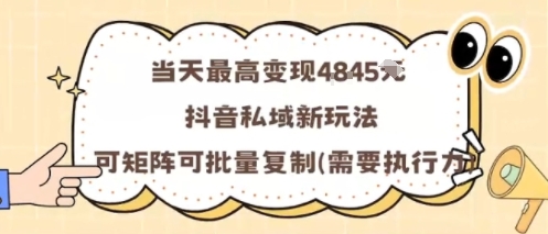 当天最高变现1k+,抖音私域新玩法,可矩阵可批量复制网创-网赚-电商-tk-出海-AI-抖音-快手-小红书-视频号-玩法-创业-小程序-公众号-私域-s粉网创智库