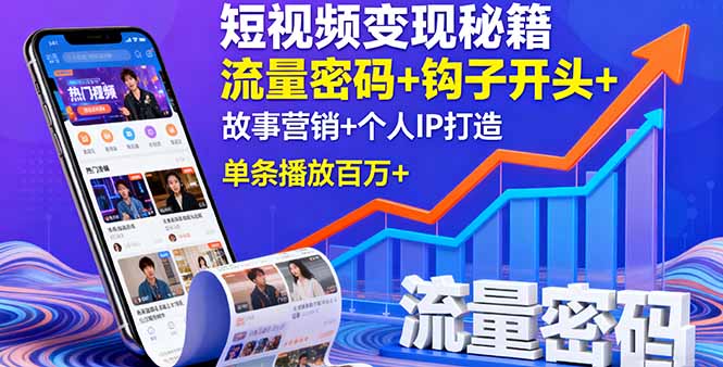 短视频变现秘籍，流量密码+钩子开头+故事营销+个人IP打造，单条播放百万+网创-网赚-电商-tk-出海-AI-抖音-快手-小红书-视频号-玩法-创业-小程序-公众号-私域-s粉网创智库