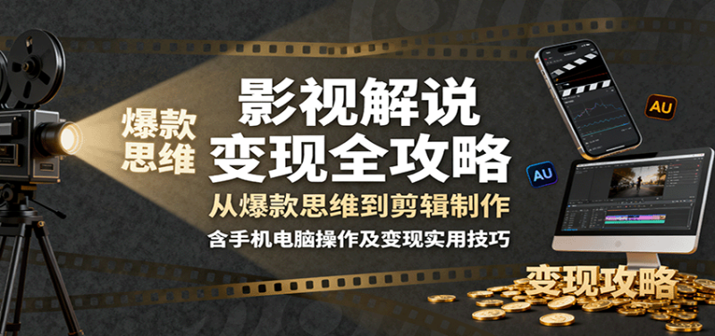 影视解说变现全攻略：从爆款思维到剪辑制作，含手机电脑操作及变现实用技巧网创-网赚-电商-tk-出海-AI-抖音-快手-小红书-视频号-玩法-创业-小程序-公众号-私域-s粉网创智库