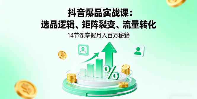抖音爆品实战课:选品逻辑、矩阵裂变、流量转化,14节课掌握月入百万秘籍网创-网赚-电商-tk-出海-AI-抖音-快手-小红书-视频号-玩法-创业-小程序-公众号-私域-s粉网创智库