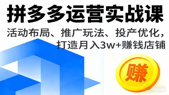拼多多运营实战课，活动布局、推广玩法、投产优化，打造月入3w+赚钱店铺网创-网赚-电商-tk-出海-AI-抖音-快手-小红书-视频号-玩法-创业-小程序-公众号-私域-s粉网创智库