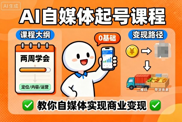 AI自媒体起号课程，0基础小白两周学会，教你自媒体实现商业变现网创-网赚-电商-tk-出海-AI-抖音-快手-小红书-视频号-玩法-创业-小程序-公众号-私域-s粉网创智库
