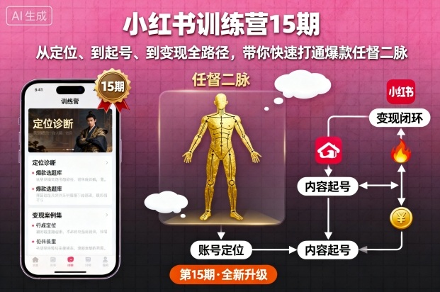 小红书训练营15期,从定位、到起号、到变现全路径,带你快速打通爆款任督二脉网创-网赚-电商-tk-出海-AI-抖音-快手-小红书-视频号-玩法-创业-小程序-公众号-私域-s粉网创智库