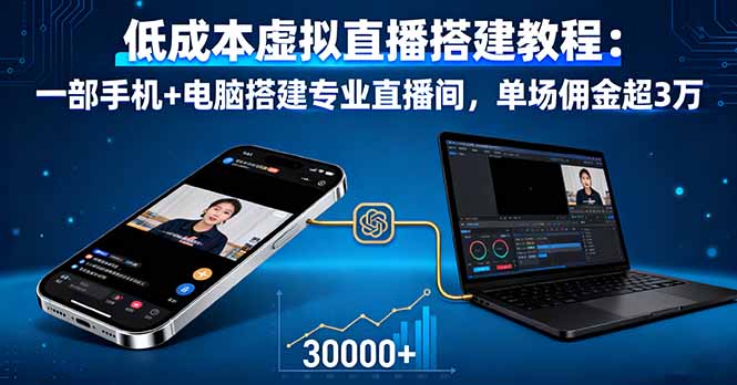 低成本虚拟直播搭建教程：一部手机+电脑搭建专业直播间，单场佣金超3万网创-网赚-电商-tk-出海-AI-抖音-快手-小红书-视频号-玩法-创业-小程序-公众号-私域-s粉网创智库