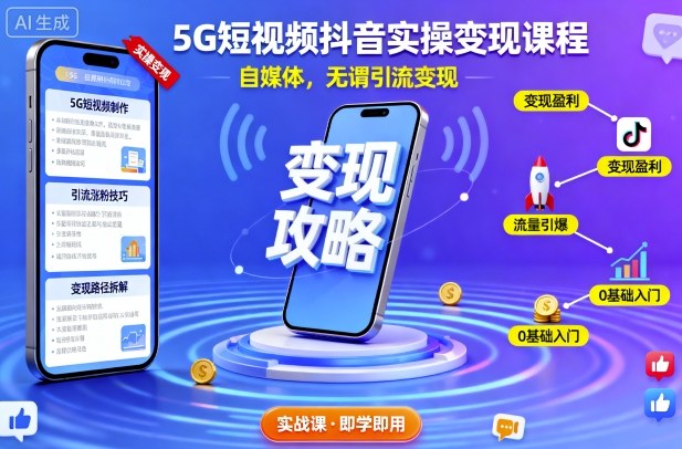 5G短视频抖音实操变现课程，自媒体，无谓引流变现网创-网赚-电商-tk-出海-AI-抖音-快手-小红书-视频号-玩法-创业-小程序-公众号-私域-s粉网创智库
