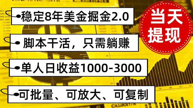 稳定8年美金掘金2.0脚本干活，只需躺赚。单人日收益1000-3000可批量、…网创-网赚-电商-tk-出海-AI-抖音-快手-小红书-视频号-玩法-创业-小程序-公众号-私域-s粉网创智库