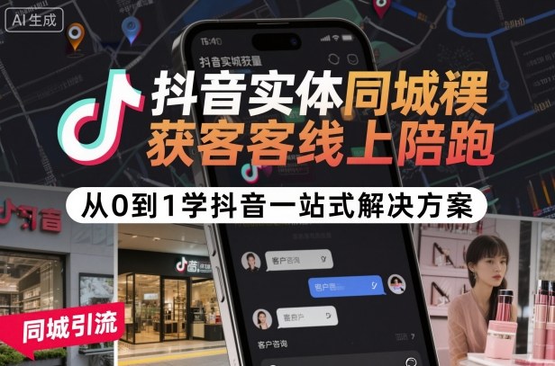 抖音实体同城获客线上陪跑，从0到1学抖音一站式解决方案网创-网赚-电商-tk-出海-AI-抖音-快手-小红书-视频号-玩法-创业-小程序-公众号-私域-s粉网创智库