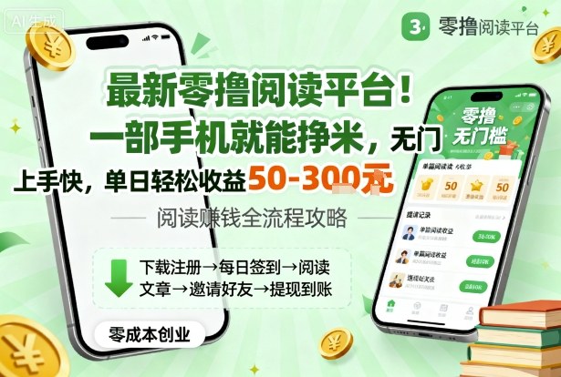 最新零撸阅读平台！一部手机就能挣米，无门槛上手快，单日轻松收益50-3张【揭秘】网创-网赚-电商-tk-出海-AI-抖音-快手-小红书-视频号-玩法-创业-小程序-公众号-私域-s粉网创智库