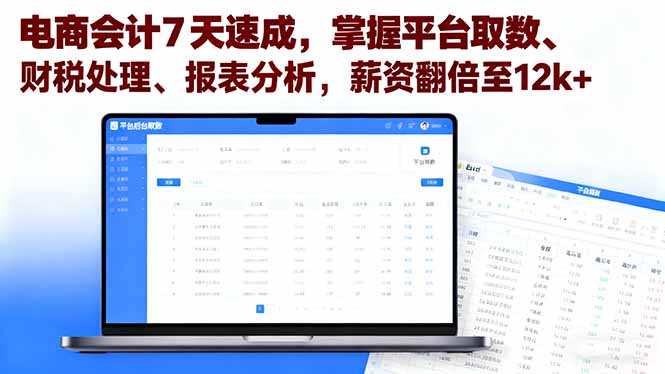 电商会计7天速成，掌握平台取数、财税处理、报表分析，薪资翻倍至12k+网创-网赚-电商-tk-出海-AI-抖音-快手-小红书-视频号-玩法-创业-小程序-公众号-私域-s粉网创智库