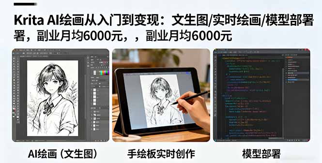 Krita AI绘画从入门到变现：文生图/实时绘画/模型部署，副业月均6000元网创-网赚-电商-tk-出海-AI-抖音-快手-小红书-视频号-玩法-创业-小程序-公众号-私域-s粉网创智库
