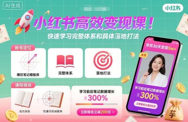 小红书高效变现课，快速学习小红书完整体系和具体落地打法网创-网赚-电商-tk-出海-AI-抖音-快手-小红书-视频号-玩法-创业-小程序-公众号-私域-s粉网创智库