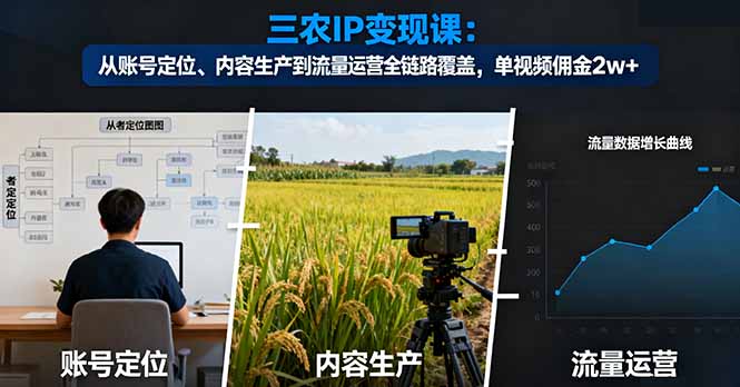 三农IP变现课：从账号定位、内容生产到流量运营全链路覆盖，单视频佣金2w+网创-网赚-电商-tk-出海-AI-抖音-快手-小红书-视频号-玩法-创业-小程序-公众号-私域-s粉网创智库