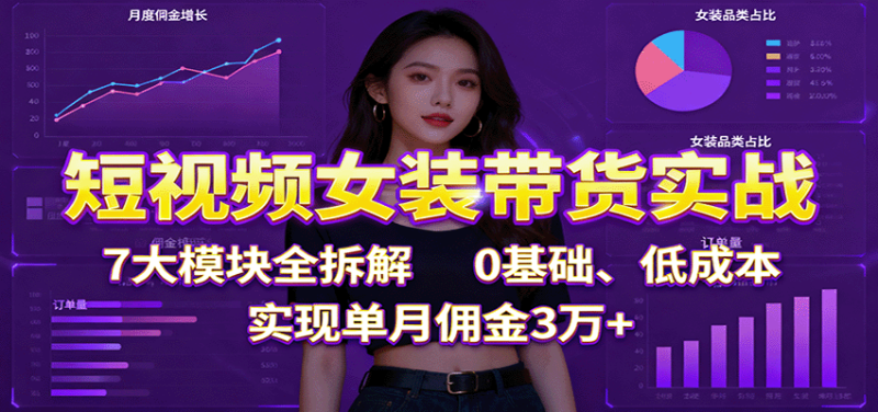 短视频女装带货实战：7大模块全拆解，0基础、低成本，实现单月佣金3万+网创-网赚-电商-tk-出海-AI-抖音-快手-小红书-视频号-玩法-创业-小程序-公众号-私域-s粉网创智库