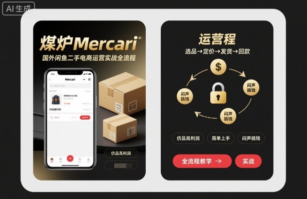 煤炉Mercari国外闲鱼二手电商运营实战全流程，仿品高利润，简单上手，闷声搞钱网创-网赚-电商-tk-出海-AI-抖音-快手-小红书-视频号-玩法-创业-小程序-公众号-私域-s粉网创智库