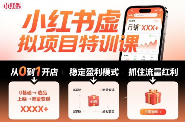 小红书虚拟项目特训课，帮你从0到1打造稳定盈利的店铺，抓住流量红利(更新9月)网创-网赚-电商-tk-出海-AI-抖音-快手-小红书-视频号-玩法-创业-小程序-公众号-私域-s粉网创智库