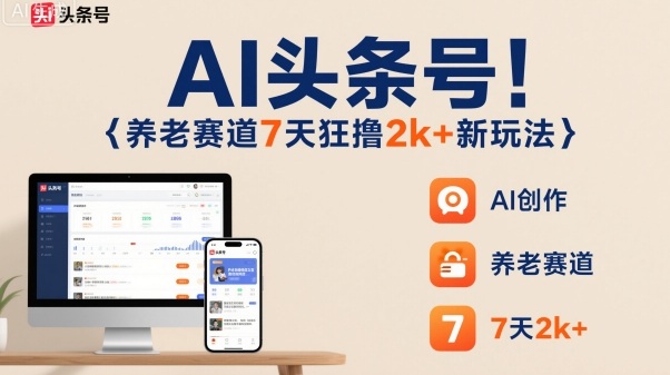 AI头条号，7天狂撸2k+，做养老赛道，新风口新玩法网创-网赚-电商-tk-出海-AI-抖音-快手-小红书-视频号-玩法-创业-小程序-公众号-私域-s粉网创智库