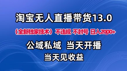 淘宝无人直播13.0，公域私域技术，不封号，不违规布局下半年旺季赛道，日入1K+(独家技术)【揭秘】网创-网赚-电商-tk-出海-AI-抖音-快手-小红书-视频号-玩法-创业-小程序-公众号-私域-s粉网创智库