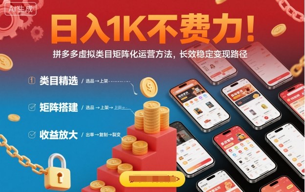 日入1K不费力！拼多多虚拟类目矩阵化运营方法，长效稳定变现路径网创-网赚-电商-tk-出海-AI-抖音-快手-小红书-视频号-玩法-创业-小程序-公众号-私域-s粉网创智库
