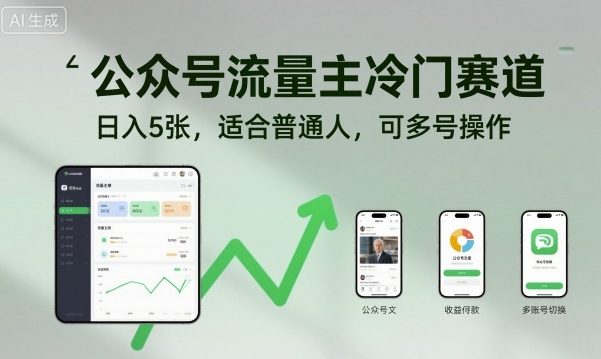 公众号流量主冷门赛道，日入5张，适合普通人，可多号操作网创-网赚-电商-tk-出海-AI-抖音-快手-小红书-视频号-玩法-创业-小程序-公众号-私域-s粉网创智库