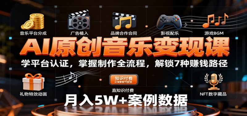 AI原创音乐变现课：学平台认证，掌握制作全流程，解锁7种赚钱路径网创-网赚-电商-tk-出海-AI-抖音-快手-小红书-视频号-玩法-创业-小程序-公众号-私域-s粉网创智库