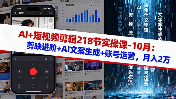 AI+短视频剪辑218节实操课-10月：剪映进阶+AI文案生成+账号运营，月入2万网创-网赚-电商-tk-出海-AI-抖音-快手-小红书-视频号-玩法-创业-小程序-公众号-私域-s粉网创智库