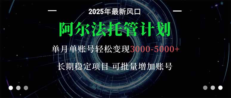 阿尔法托管计划 单账号月入3000-5000，长期稳定项目，新手小白轻松上手。网创-网赚-电商-tk-出海-AI-抖音-快手-小红书-视频号-玩法-创业-小程序-公众号-私域-s粉网创智库