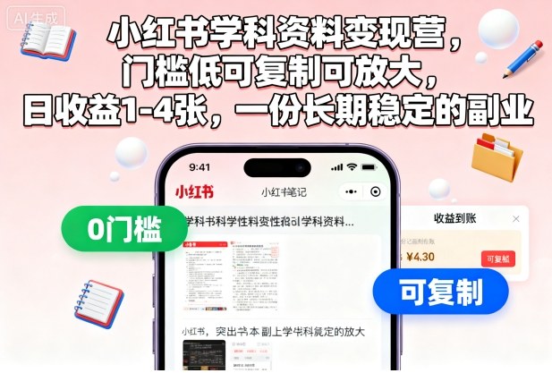 小红书学科资料变现营，门槛低可复制可放大，日收益1-4张，一份长期稳定的副业网创-网赚-电商-tk-出海-AI-抖音-快手-小红书-视频号-玩法-创业-小程序-公众号-私域-s粉网创智库