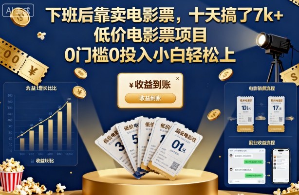 下班后靠卖电影票，十天搞了7k+，低价电影票项目，0门槛0投入小白轻松上手【揭秘】网创-网赚-电商-tk-出海-AI-抖音-快手-小红书-视频号-玩法-创业-小程序-公众号-私域-s粉网创智库