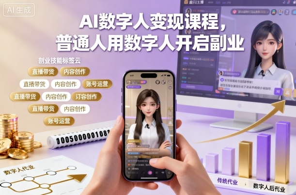 AI数字人变现课程，普通人用数字人开启副业网创-网赚-电商-tk-出海-AI-抖音-快手-小红书-视频号-玩法-创业-小程序-公众号-私域-s粉网创智库