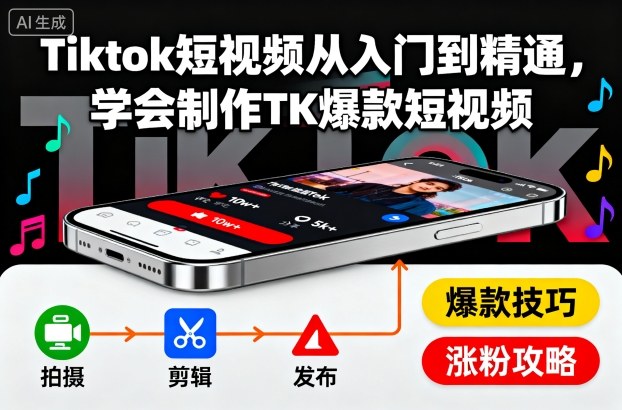 Tiktok短视频从入门到精通，学会制作TK爆款短视频网创-网赚-电商-tk-出海-AI-抖音-快手-小红书-视频号-玩法-创业-小程序-公众号-私域-s粉网创智库