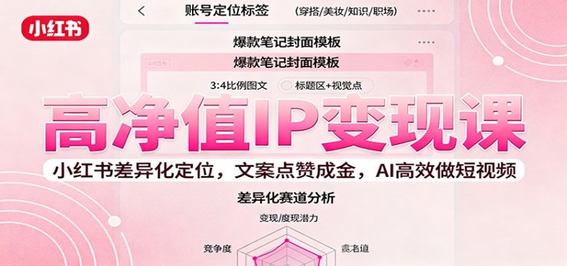 高净值IP变现课：小红书差异化定位，文案点赞成金， AI高效做短视频网创-网赚-电商-tk-出海-AI-抖音-快手-小红书-视频号-玩法-创业-小程序-公众号-私域-s粉网创智库
