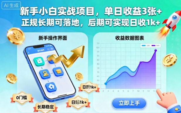 新手小白实战项目，单日收益3张+，正规长期可落地，后期可实现日收1k+【揭秘】网创-网赚-电商-tk-出海-AI-抖音-快手-小红书-视频号-玩法-创业-小程序-公众号-私域-s粉网创智库