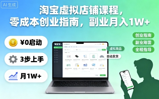 淘宝虚拟店铺课程，零成本创业指南，副业月入1W+网创-网赚-电商-tk-出海-AI-抖音-快手-小红书-视频号-玩法-创业-小程序-公众号-私域-s粉网创智库