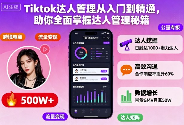 Tiktok达人管理从入门到精通,助你全面掌握达人管理秘籍网创-网赚-电商-tk-出海-AI-抖音-快手-小红书-视频号-玩法-创业-小程序-公众号-私域-s粉网创智库