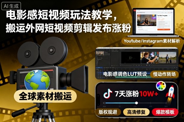 电影感短视频玩法教学，搬运外网短视频剪辑发布涨粉网创-网赚-电商-tk-出海-AI-抖音-快手-小红书-视频号-玩法-创业-小程序-公众号-私域-s粉网创智库