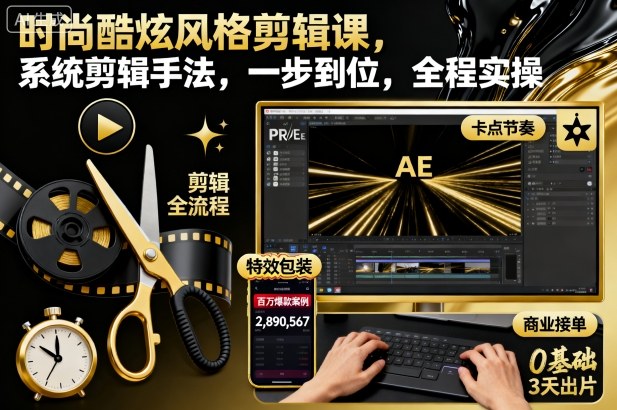 时尚酷炫风格剪辑课，系统剪辑手法，一步到位，全程实操网创-网赚-电商-tk-出海-AI-抖音-快手-小红书-视频号-玩法-创业-小程序-公众号-私域-s粉网创智库