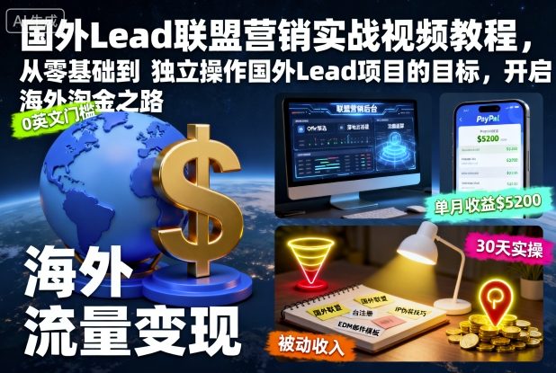 国外Lead联盟营销实战视频教程，从零基础到独立操作国外Lead项目的目标，开启海外淘金之路网创-网赚-电商-tk-出海-AI-抖音-快手-小红书-视频号-玩法-创业-小程序-公众号-私域-s粉网创智库