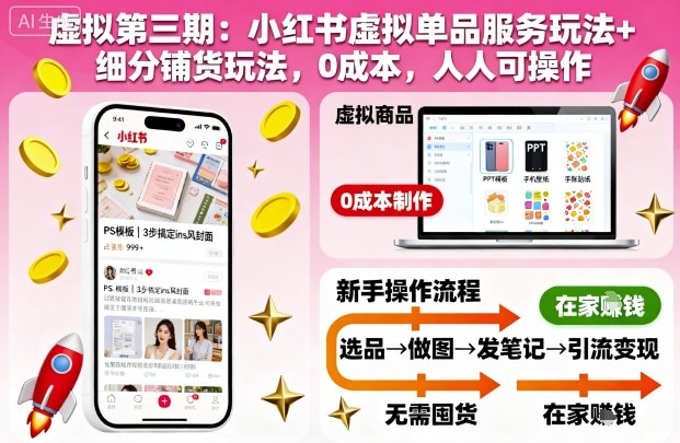 虚拟第三期：小红书虚拟单品服务玩法+细分铺货玩法，0成本，人人可操作网创-网赚-电商-tk-出海-AI-抖音-快手-小红书-视频号-玩法-创业-小程序-公众号-私域-s粉网创智库