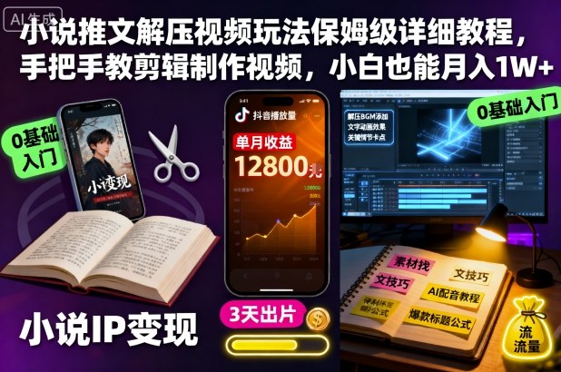 小说推文解压视频玩法保姆级详细教程，手把手教剪辑制作视频，小白也能月入1W+网创-网赚-电商-tk-出海-AI-抖音-快手-小红书-视频号-玩法-创业-小程序-公众号-私域-s粉网创智库