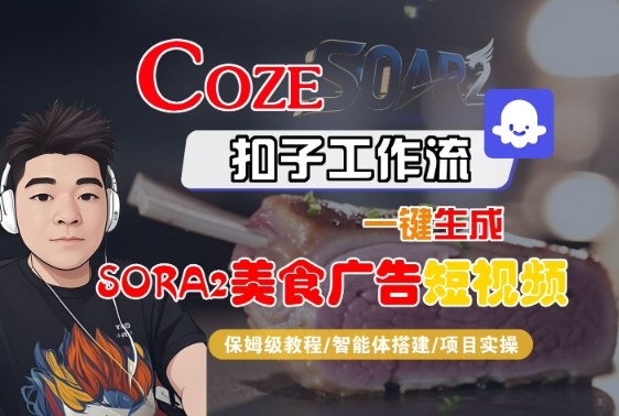 Coze扣子智能体工作流一键生成“SORA2美食广告“短视频，全流程保姆级教学网创-网赚-电商-tk-出海-AI-抖音-快手-小红书-视频号-玩法-创业-小程序-公众号-私域-s粉网创智库