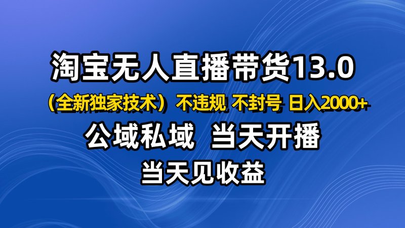 淘宝无人直播13.0，公域私域技术，不封号，不违规 布局下半年旺季赛道，日入2000+网创-网赚-电商-tk-出海-AI-抖音-快手-小红书-视频号-玩法-创业-小程序-公众号-私域-s粉网创智库