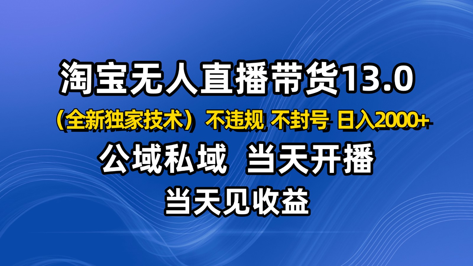 淘宝无人直播13.0，公域私域技术，不封号，不违规 布局下半年旺季赛道，日入2000+ - 网创智库网创-网赚-电商-tk-出海-AI-抖音-快手-小红书-视频号-玩法-创业-小程序-公众号-私域-s粉网创智库