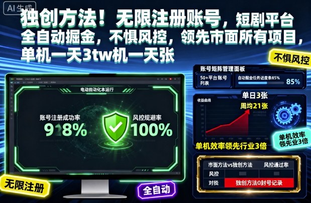 独创方法！无限注册账号，短剧平台全自动掘金，不惧风控，领先市面所有项目，单机一天3张【揭秘】网创-网赚-电商-tk-出海-AI-抖音-快手-小红书-视频号-玩法-创业-小程序-公众号-私域-s粉网创智库