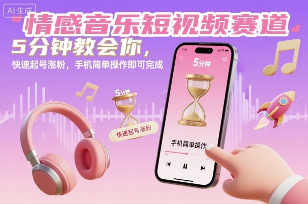 情感音乐短视频赛道，5分钟教会你，快速起号涨粉，手机简单操作即可完成网创-网赚-电商-tk-出海-AI-抖音-快手-小红书-视频号-玩法-创业-小程序-公众号-私域-s粉网创智库