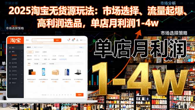 2025淘宝无货源玩法：市场选择、流量起爆、高利润选品，单店月利润1-4w网创-网赚-电商-tk-出海-AI-抖音-快手-小红书-视频号-玩法-创业-小程序-公众号-私域-s粉网创智库