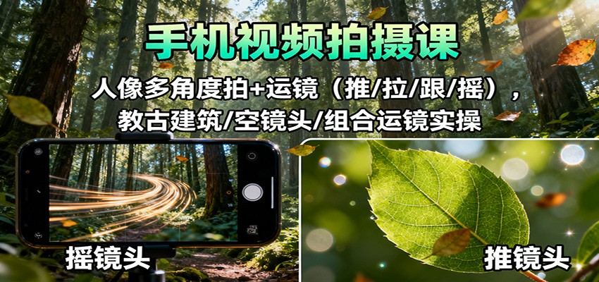 手机视频拍摄课：人像多角度拍+运镜(推/拉/跟/摇)，古建筑/空镜头/组合运镜实操 - 网创智库网创-网赚-电商-tk-出海-AI-抖音-快手-小红书-视频号-玩法-创业-小程序-公众号-私域-s粉网创智库
