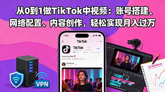 从0到1做TikTok中视频：账号搭建、网络配置、内容创作，轻松实现月入过万网创-网赚-电商-tk-出海-AI-抖音-快手-小红书-视频号-玩法-创业-小程序-公众号-私域-s粉网创智库