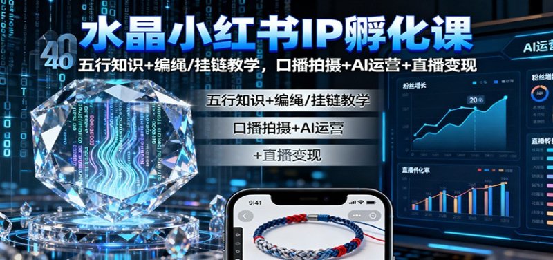水晶小红书IP孵化课：五行知识+编绳/挂链教学，口播拍摄+AI运营+直播变现网创-网赚-电商-tk-出海-AI-抖音-快手-小红书-视频号-玩法-创业-小程序-公众号-私域-s粉网创智库