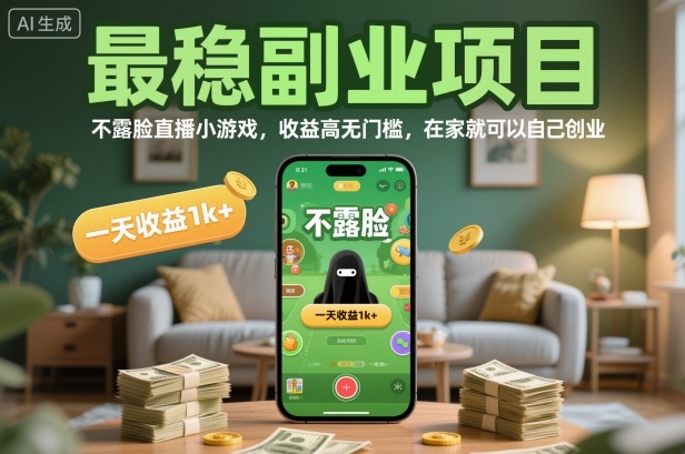 最稳副业项目，不露脸直播小游戏，收益高无门槛，一天收益1k+，在家就可以自己创业【揭秘】网创-网赚-电商-tk-出海-AI-抖音-快手-小红书-视频号-玩法-创业-小程序-公众号-私域-s粉网创智库